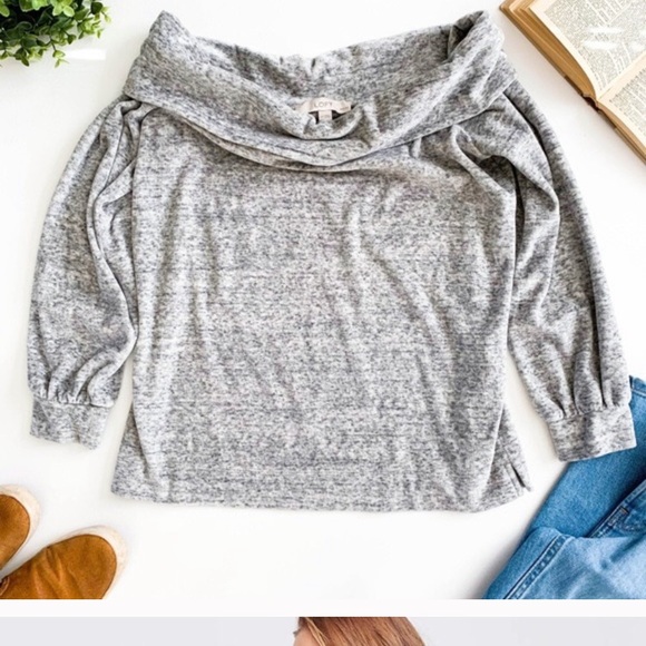 LOFT Off Shoulder Velour Top Grey Melange NEW - Picture 2 of 5